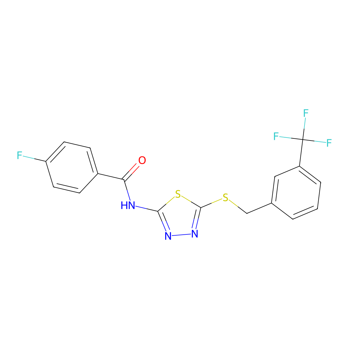 4-fluoro-N-(5-((3-(trifluoromethyl)benzyl)thio)-1,3,4-thiadiazol-2-yl)benzamide molecular structure, CAS 392302-09-9