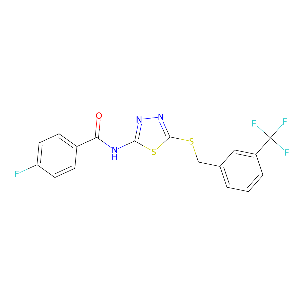 4-fluoro-N-(5-((3-(trifluoromethyl)benzyl)thio)-1,3,4-thiadiazol-2-yl)benzamide molecular structure, CAS 392302-09-9