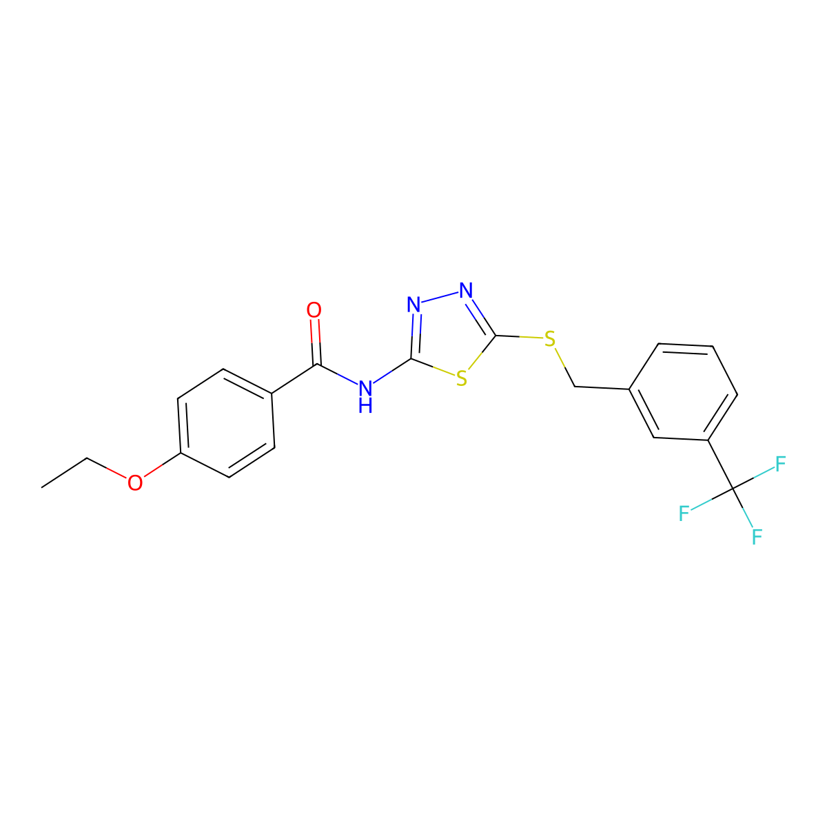 4-ethoxy-N-[5-[[3-(trifluoromethyl)phenyl]methylsulfanyl]-1,3,4-thiadiazol-2-yl]benzamide molecular structure, CAS 392302-17-9