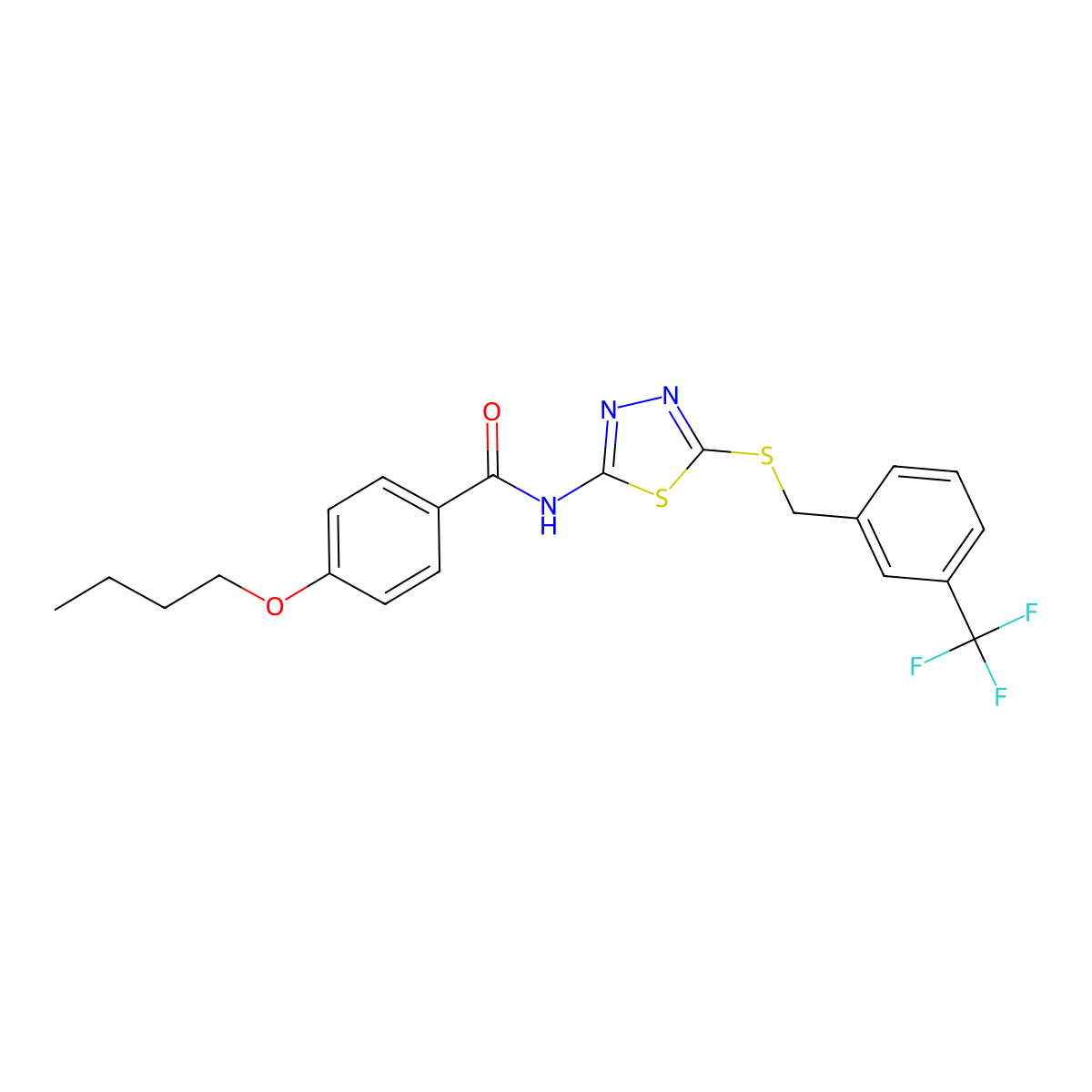 4-butoxy-N-[5-[[3-(trifluoromethyl)phenyl]methylsulfanyl]-1,3,4-thiadiazol-2-yl]benzamide molecular structure, CAS 392302-19-1
