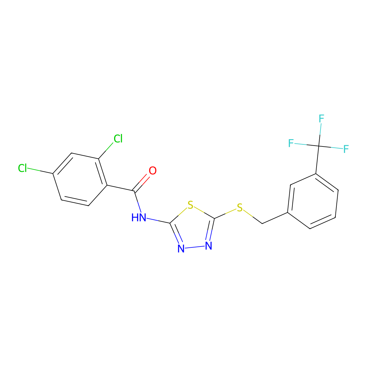 2,4-dichloro-N-(5-((3-(trifluoromethyl)benzyl)thio)-1,3,4-thiadiazol-2-yl)benzamide molecular structure, CAS 392302-27-1