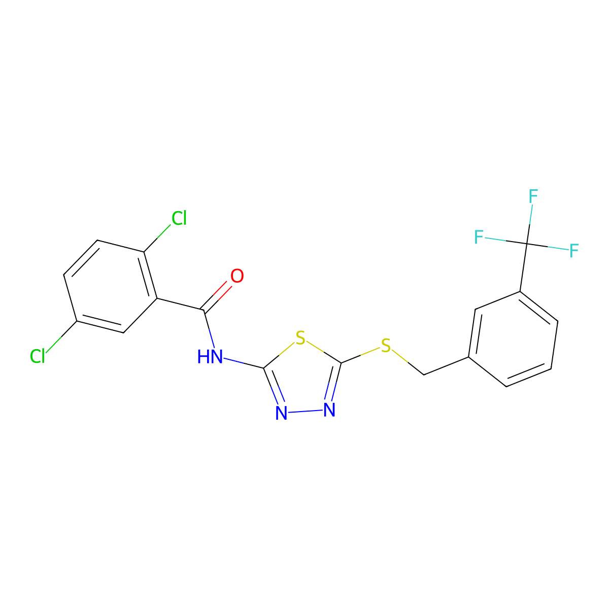 2,5-dichloro-N-(5-((3-(trifluoromethyl)benzyl)thio)-1,3,4-thiadiazol-2-yl)benzamide molecular structure, CAS 392302-28-2