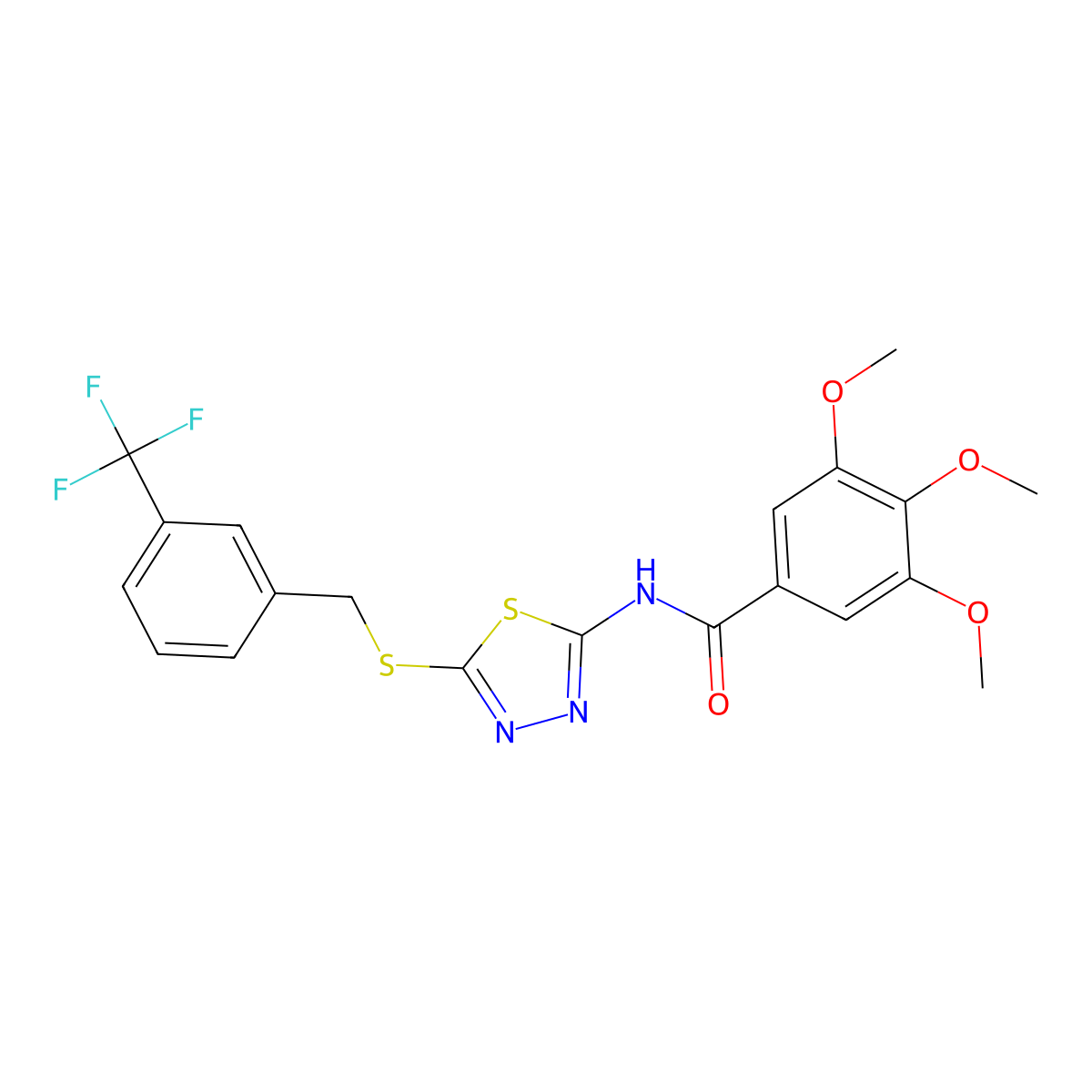 3,4,5-trimethoxy-N-[5-[[3-(trifluoromethyl)phenyl]methylsulfanyl]-1,3,4-thiadiazol-2-yl]benzamide molecular structure, CAS 392302-35-1