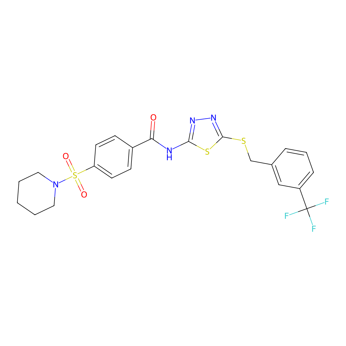 4-piperidin-1-ylsulfonyl-N-[5-[[3-(trifluoromethyl)phenyl]methylsulfanyl]-1,3,4-thiadiazol-2-yl]benzamide molecular structure, CAS 392302-44-2