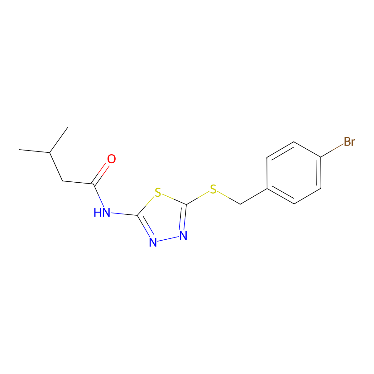 N-(5-((4-bromobenzyl)thio)-1,3,4-thiadiazol-2-yl)-3-methylbutanamide molecular structure, CAS 392302-63-5