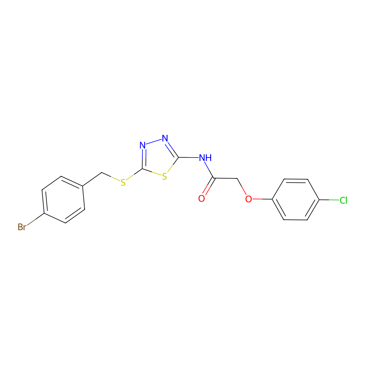 N-(5-((4-bromobenzyl)thio)-1,3,4-thiadiazol-2-yl)-2-(4-chlorophenoxy)acetamide molecular structure, CAS 392302-65-7