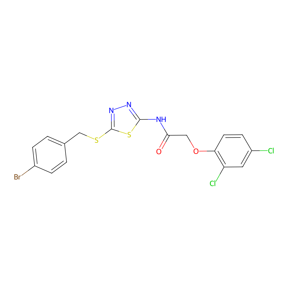 N-[5-[(4-bromophenyl)methylsulfanyl]-1,3,4-thiadiazol-2-yl]-2-(2,4-dichlorophenoxy)acetamide molecular structure, CAS 392302-66-8
