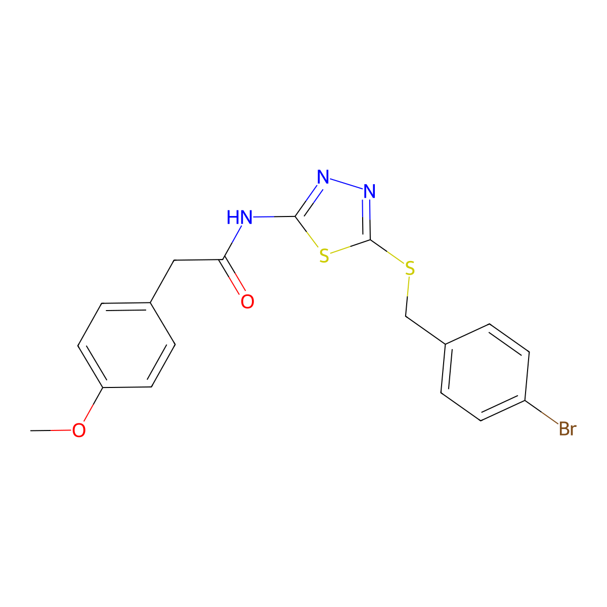 N-(5-((4-bromobenzyl)thio)-1,3,4-thiadiazol-2-yl)-2-(4-methoxyphenyl)acetamide molecular structure, CAS 392302-68-0