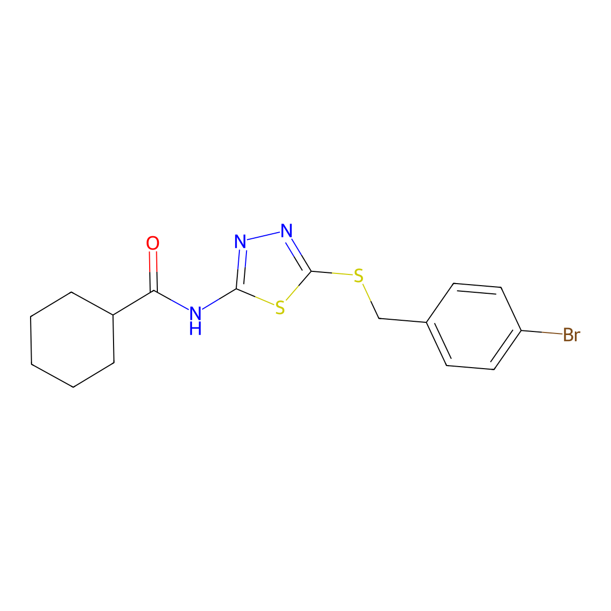 N-(5-((4-bromobenzyl)thio)-1,3,4-thiadiazol-2-yl)cyclohexanecarboxamide molecular structure, CAS 392302-74-8