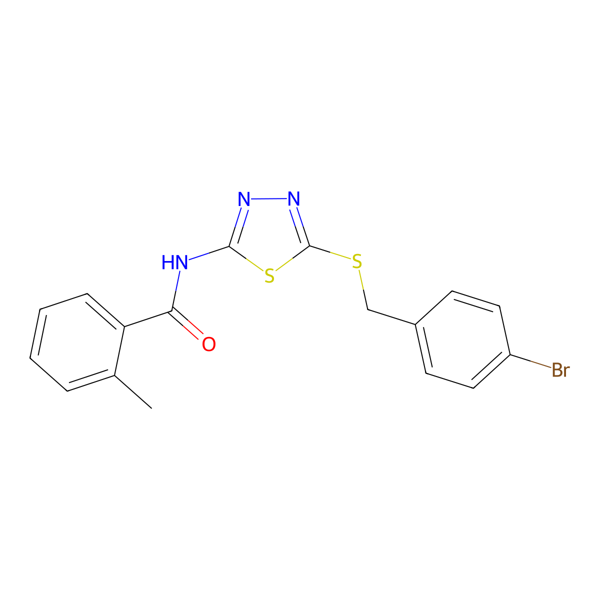 N-(5-((4-bromobenzyl)thio)-1,3,4-thiadiazol-2-yl)-2-methylbenzamide molecular structure, CAS 392302-76-0