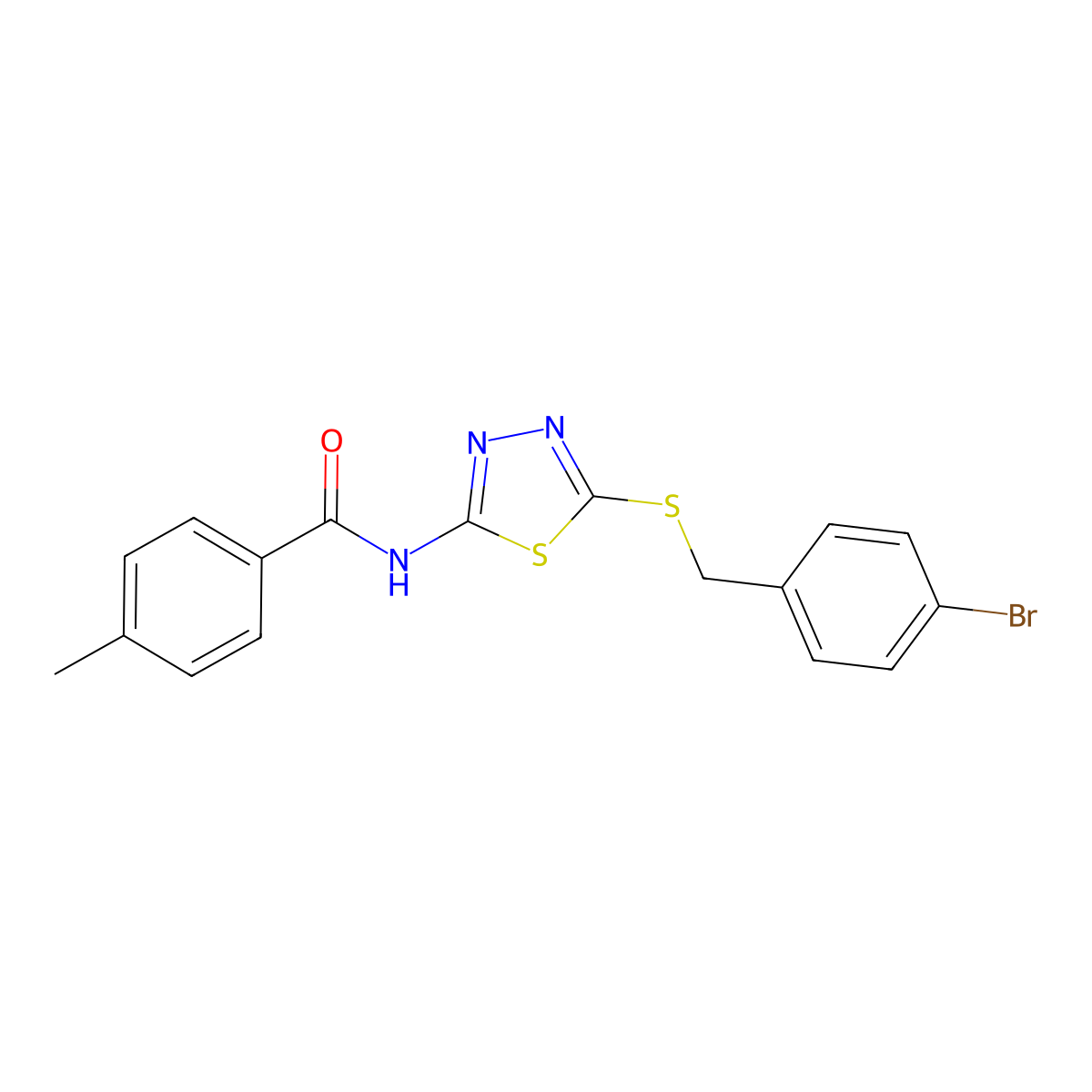 N-(5-((4-bromobenzyl)thio)-1,3,4-thiadiazol-2-yl)-4-methylbenzamide molecular structure, CAS 392302-78-2