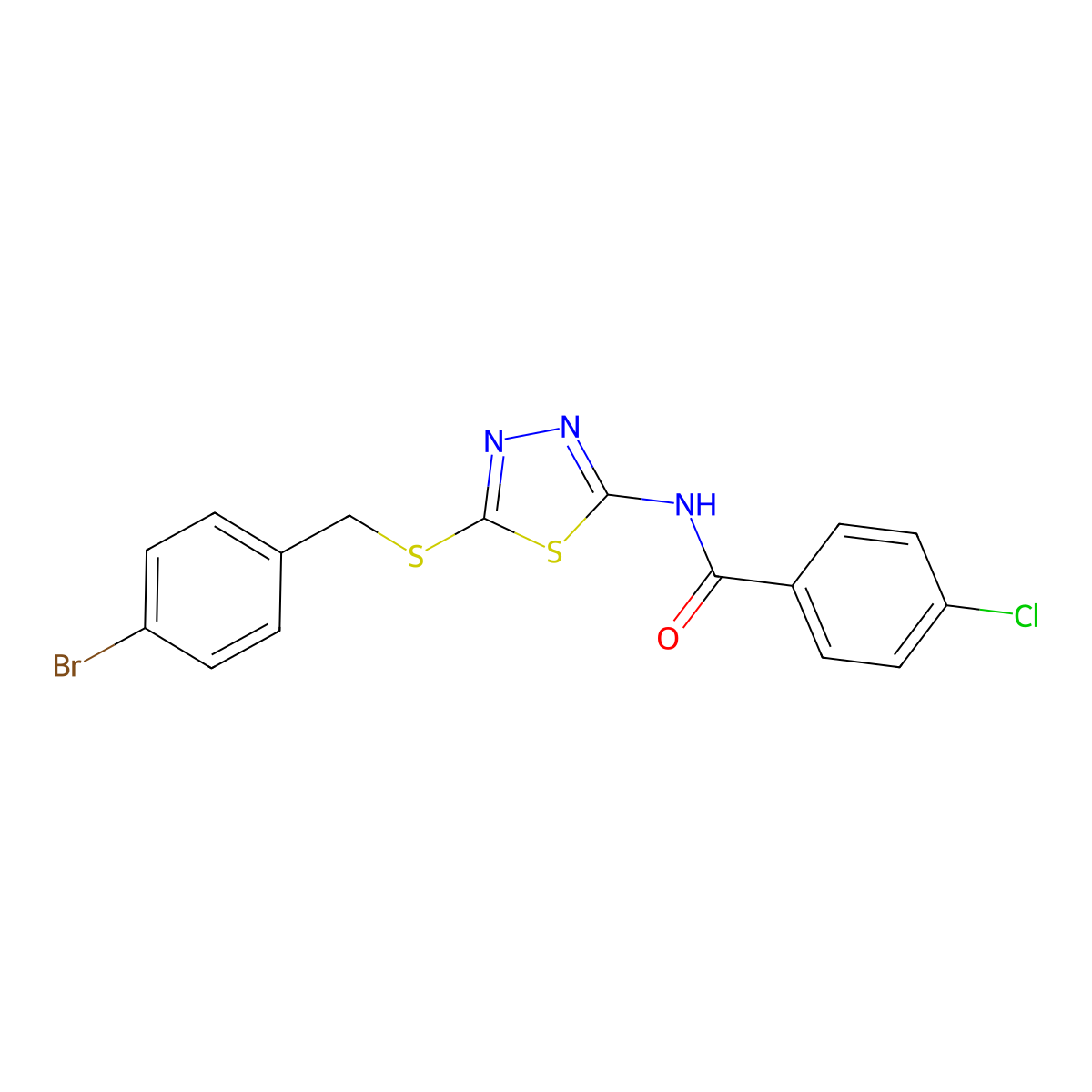 N-(5-(4-bromobenzylthio)-1,3,4-thiadiazol-2-yl)-4-chlorobenzamide molecular structure, CAS 392302-79-3