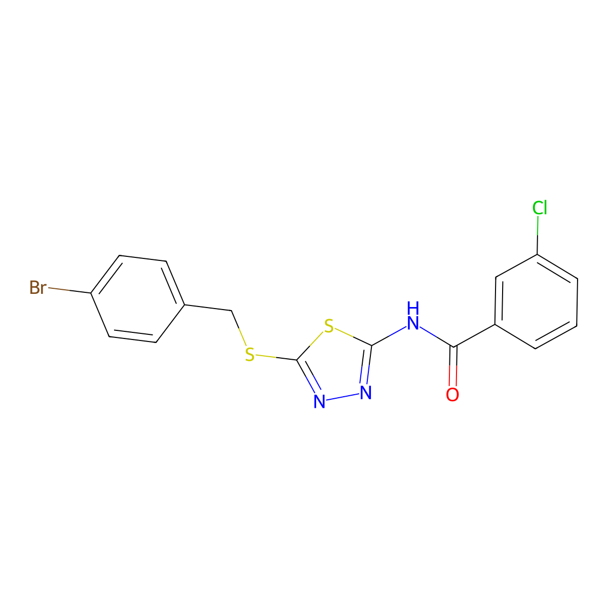 N-(5-((4-bromobenzyl)thio)-1,3,4-thiadiazol-2-yl)-3-chlorobenzamide molecular structure, CAS 392302-80-6