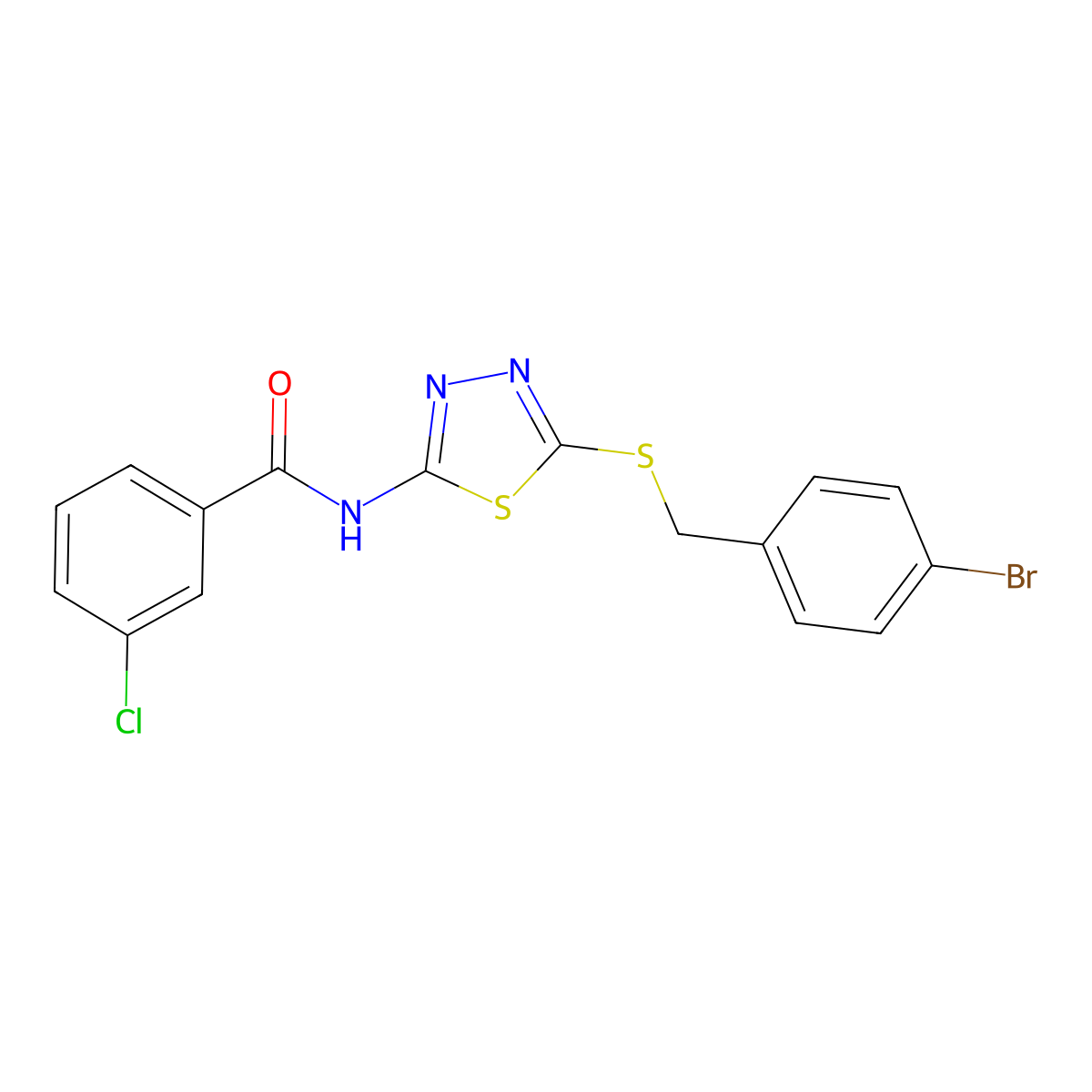 N-(5-((4-bromobenzyl)thio)-1,3,4-thiadiazol-2-yl)-3-chlorobenzamide molecular structure, CAS 392302-80-6