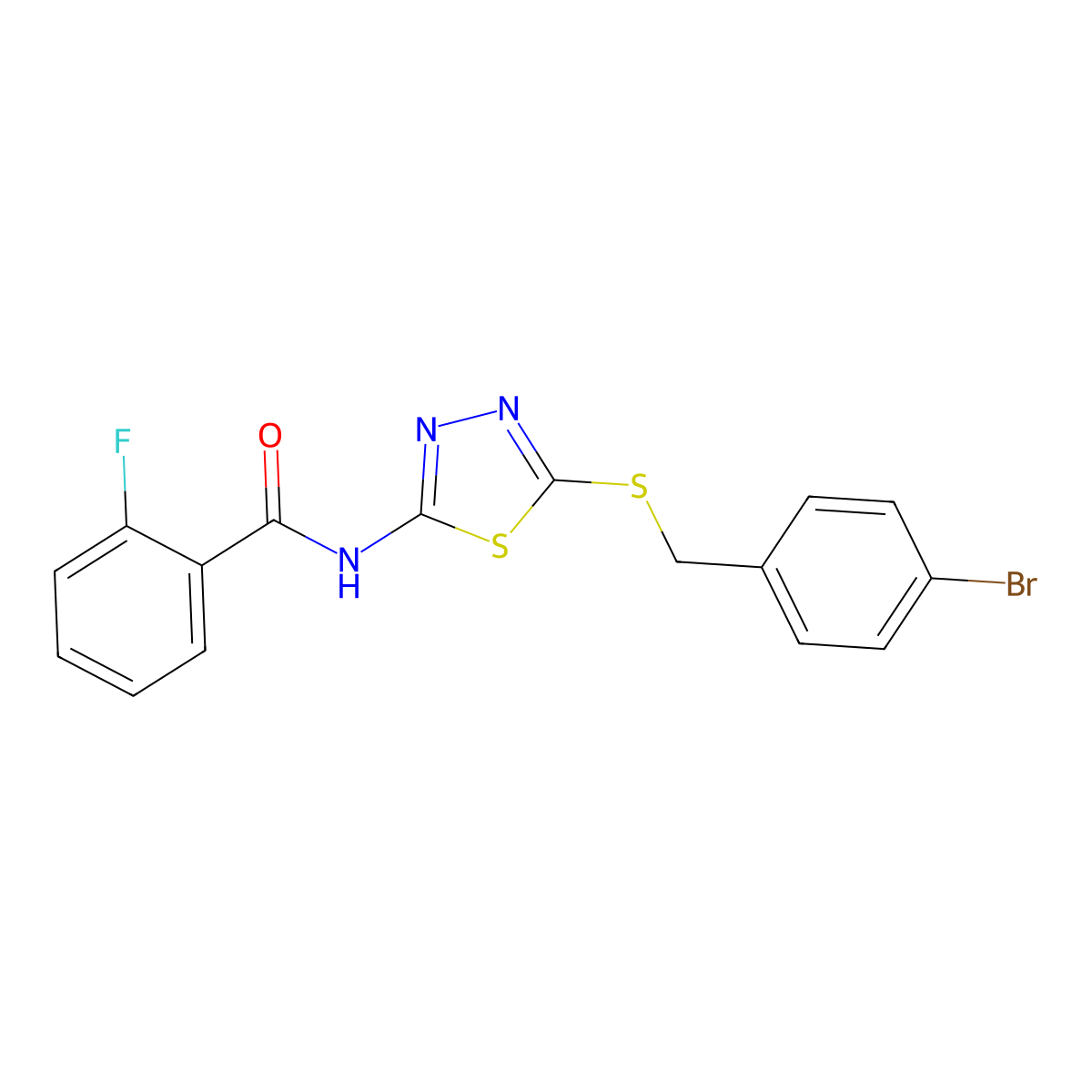 N-(5-((4-bromobenzyl)thio)-1,3,4-thiadiazol-2-yl)-2-fluorobenzamide molecular structure, CAS 392302-88-4