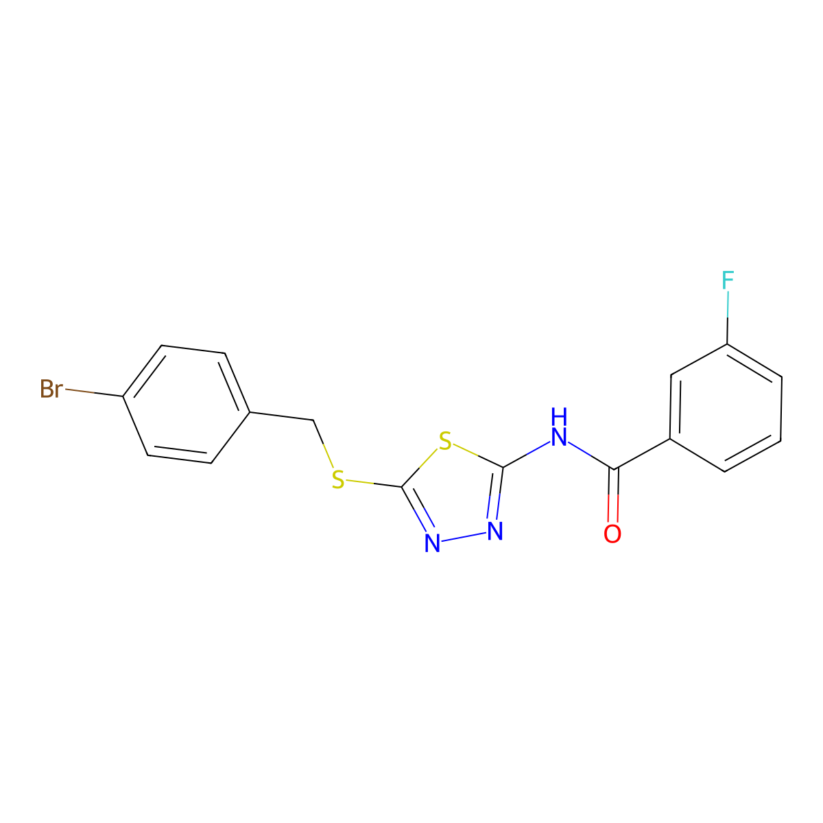 N-(5-((4-bromobenzyl)thio)-1,3,4-thiadiazol-2-yl)-3-fluorobenzamide molecular structure, CAS 392302-89-5