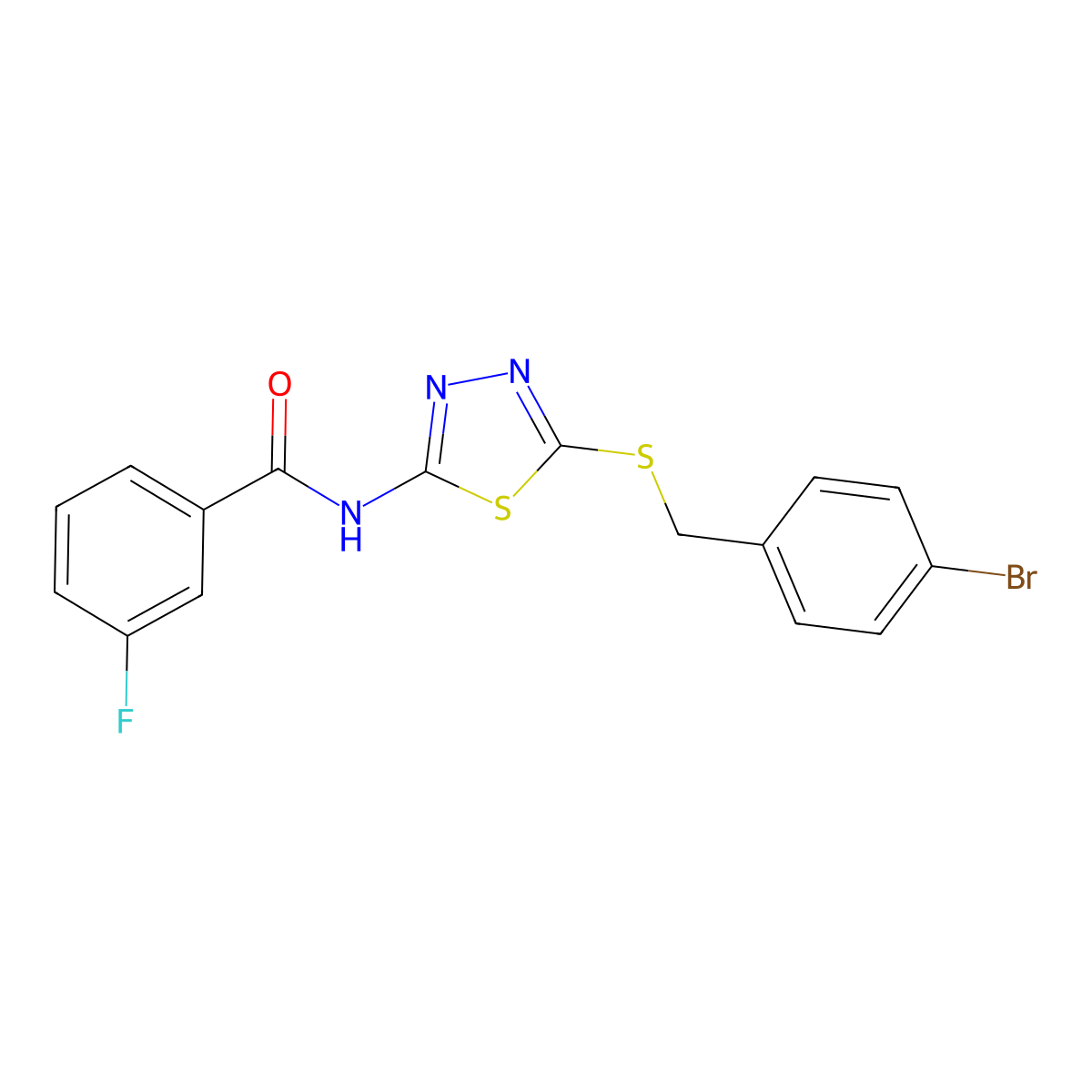N-(5-((4-bromobenzyl)thio)-1,3,4-thiadiazol-2-yl)-3-fluorobenzamide molecular structure, CAS 392302-89-5