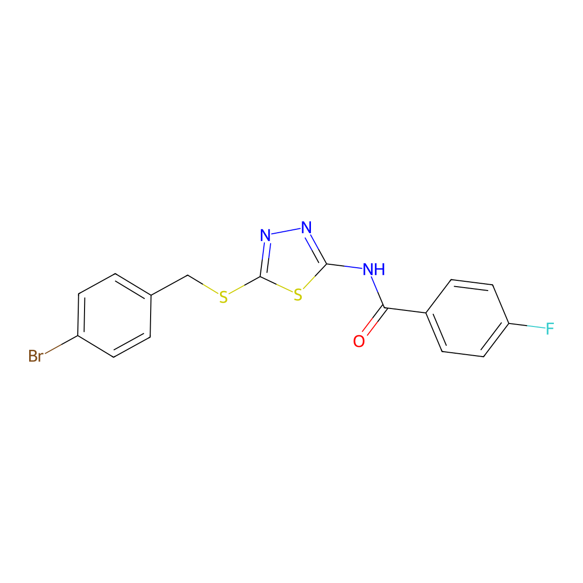 N-(5-(4-bromobenzylthio)-1,3,4-thiadiazol-2-yl)-4-fluorobenzamide molecular structure, CAS 392302-90-8
