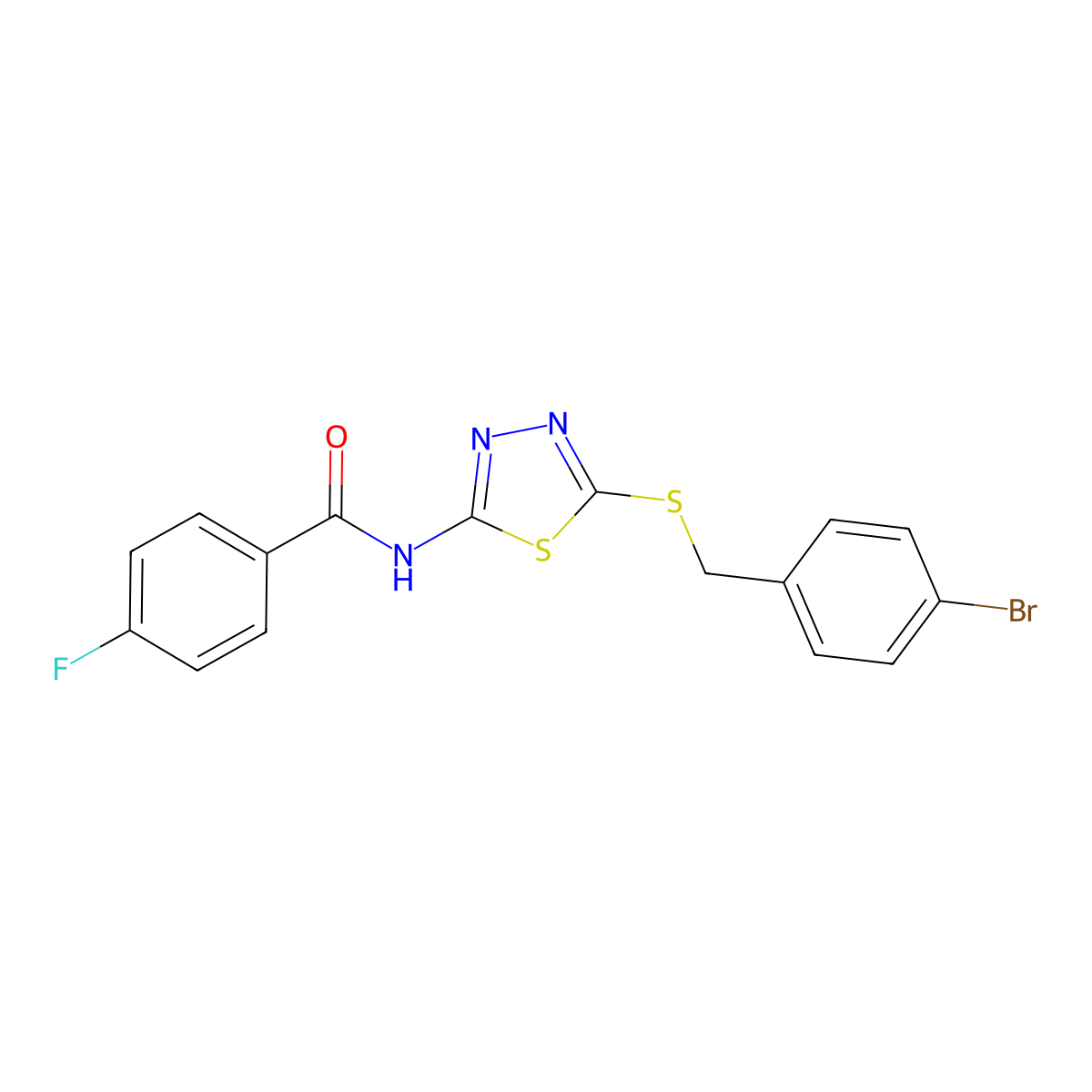 N-(5-(4-bromobenzylthio)-1,3,4-thiadiazol-2-yl)-4-fluorobenzamide molecular structure, CAS 392302-90-8