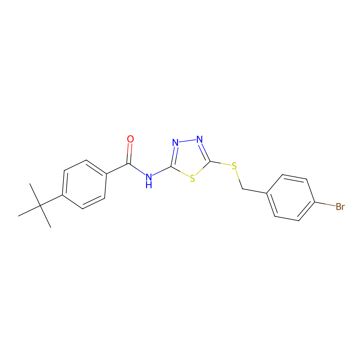 N-(5-((4-bromobenzyl)thio)-1,3,4-thiadiazol-2-yl)-4-(tert-butyl)benzamide molecular structure, CAS 392302-92-0