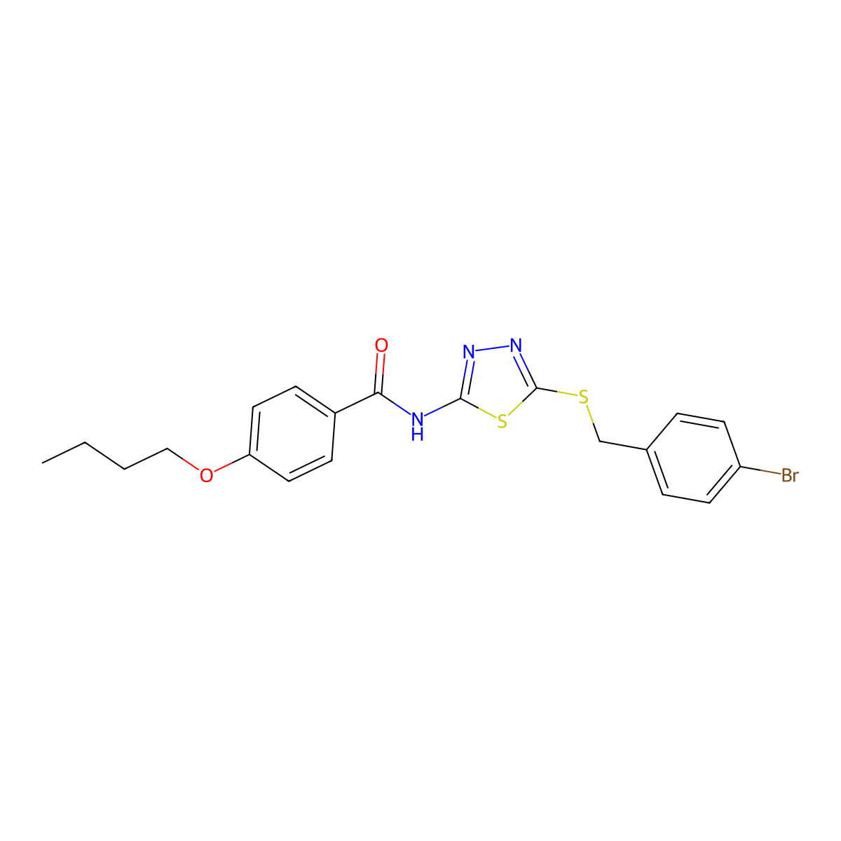 N-(5-((4-bromobenzyl)thio)-1,3,4-thiadiazol-2-yl)-4-butoxybenzamide molecular structure, CAS 392302-95-3