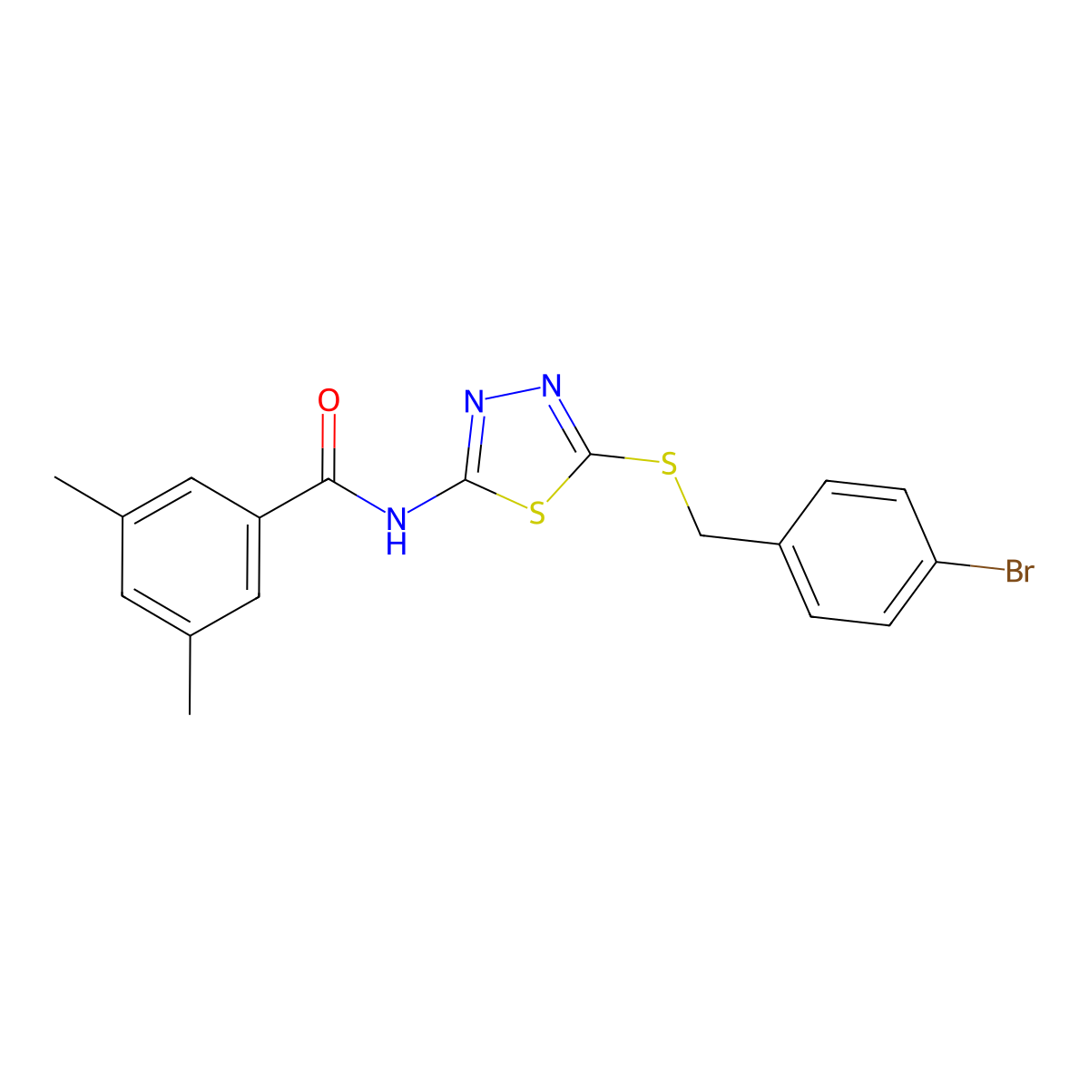N-(5-((4-bromobenzyl)thio)-1,3,4-thiadiazol-2-yl)-3,5-dimethylbenzamide molecular structure, CAS 392302-97-5