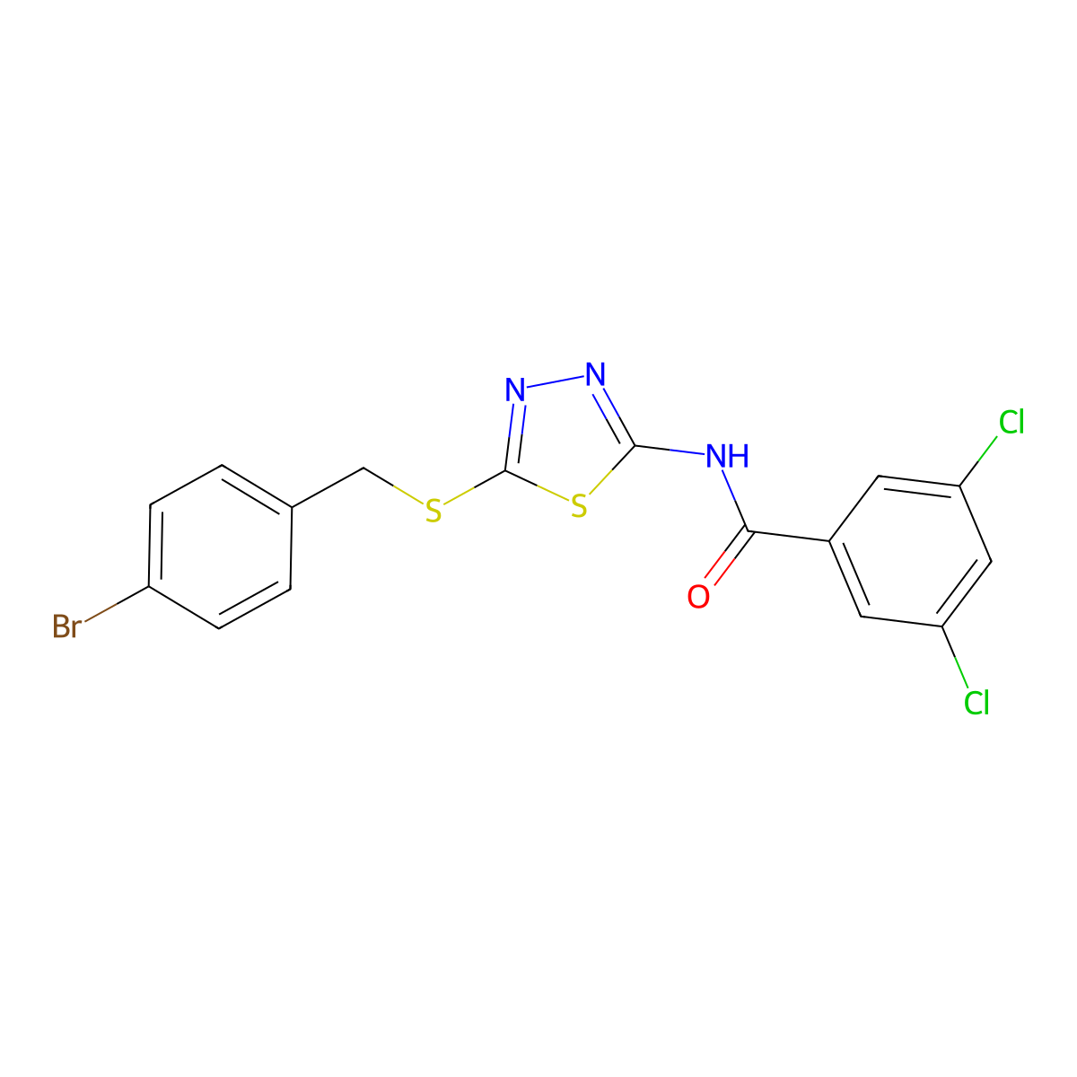 N-(5-((4-bromobenzyl)thio)-1,3,4-thiadiazol-2-yl)-3,5-dichlorobenzamide molecular structure, CAS 392302-98-6