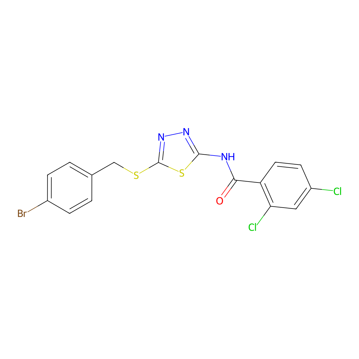 N-(5-((4-bromobenzyl)thio)-1,3,4-thiadiazol-2-yl)-2,4-dichlorobenzamide molecular structure, CAS 392302-99-7