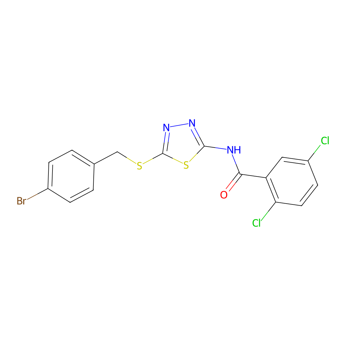 N-(5-((4-bromobenzyl)thio)-1,3,4-thiadiazol-2-yl)-2,5-dichlorobenzamide molecular structure, CAS 392303-00-3