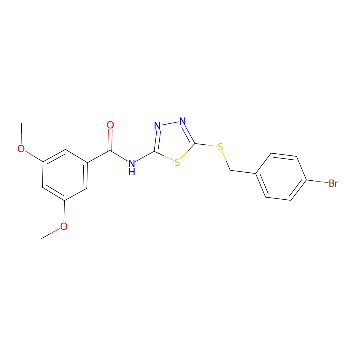 N-(5-((4-bromobenzyl)thio)-1,3,4-thiadiazol-2-yl)-3,5-dimethoxybenzamide molecular structure, CAS 392303-03-6