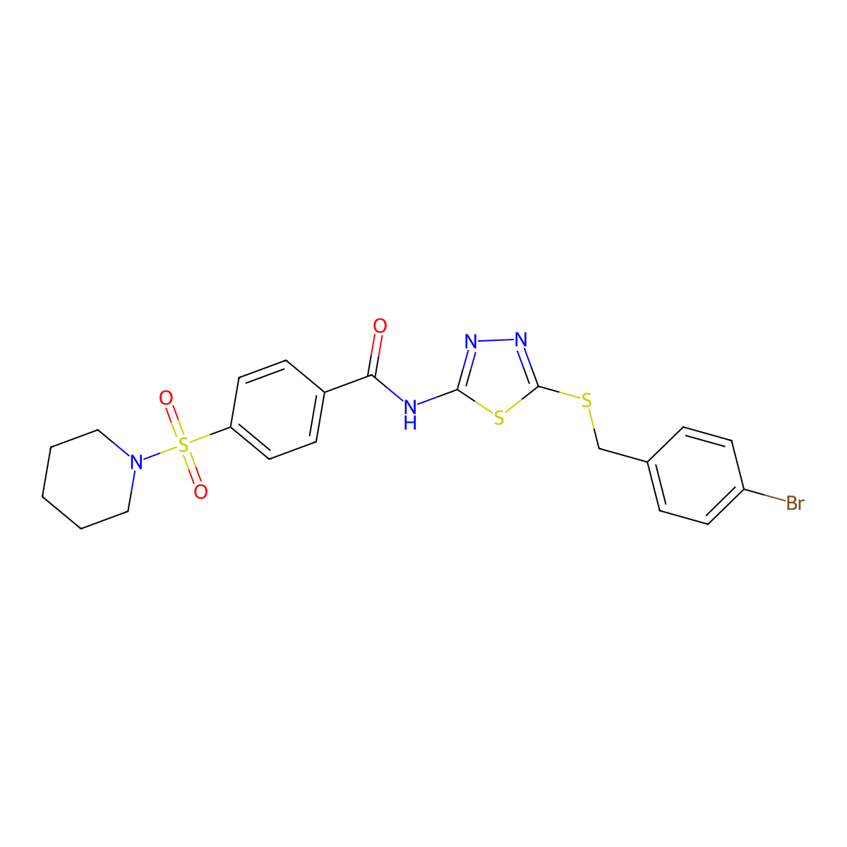 N-(5-((4-bromobenzyl)thio)-1,3,4-thiadiazol-2-yl)-4-(piperidin-1-ylsulfonyl)benzamide molecular structure, CAS 392303-09-2