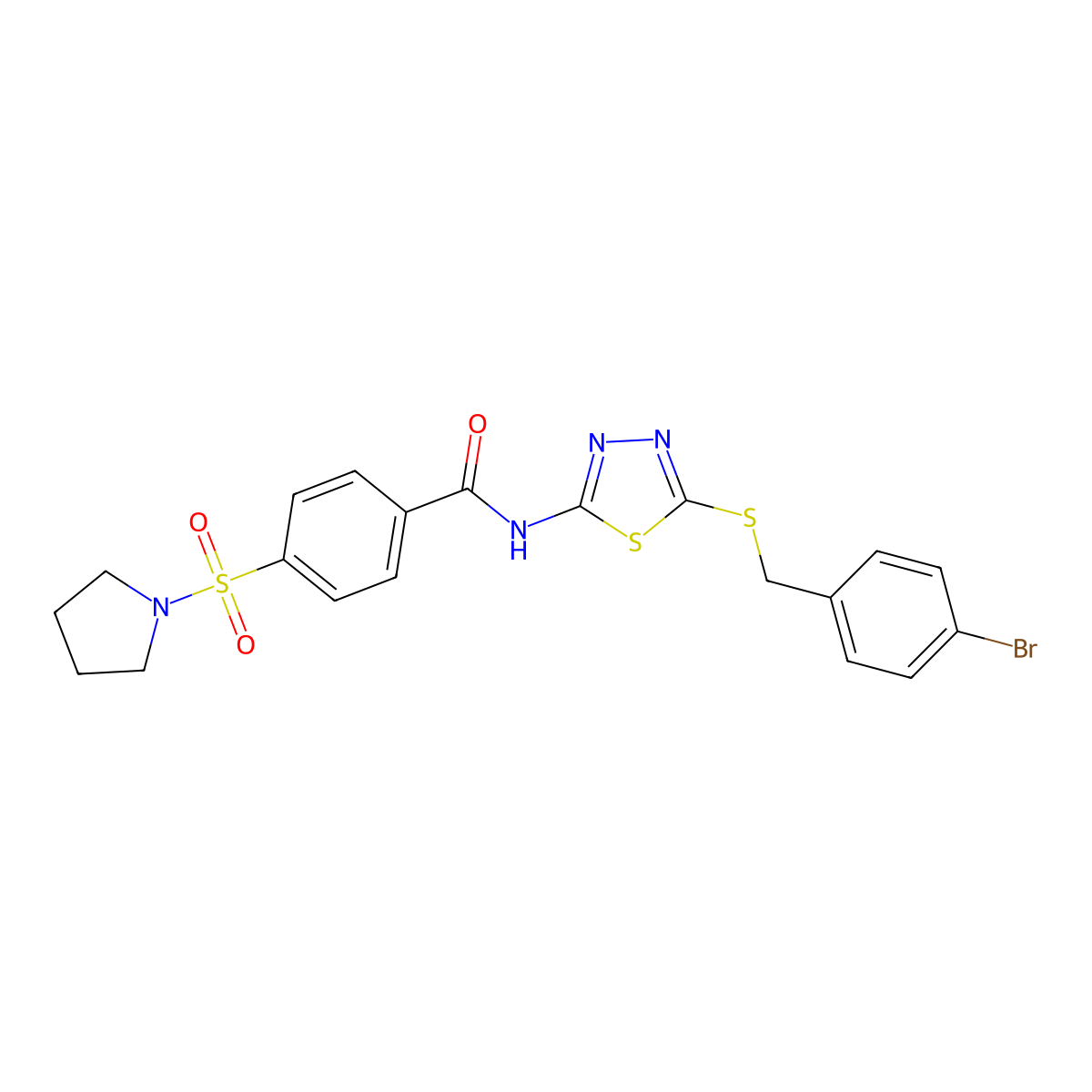 N-(5-((4-bromobenzyl)thio)-1,3,4-thiadiazol-2-yl)-4-(pyrrolidin-1-ylsulfonyl)benzamide molecular structure, CAS 392303-11-6