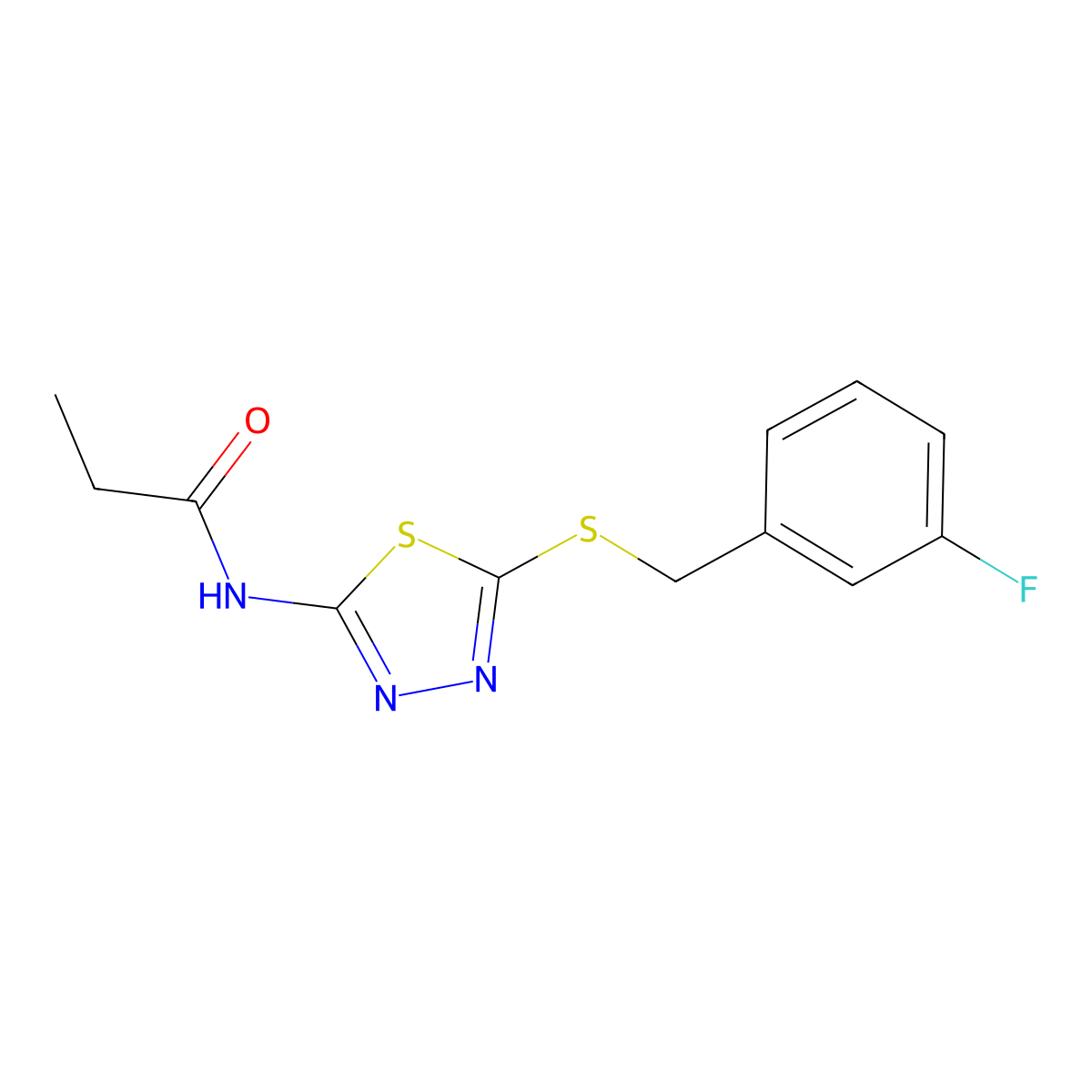 N-[5-[(3-fluorophenyl)methylsulfanyl]-1,3,4-thiadiazol-2-yl]propanamide molecular structure, CAS 392303-17-2