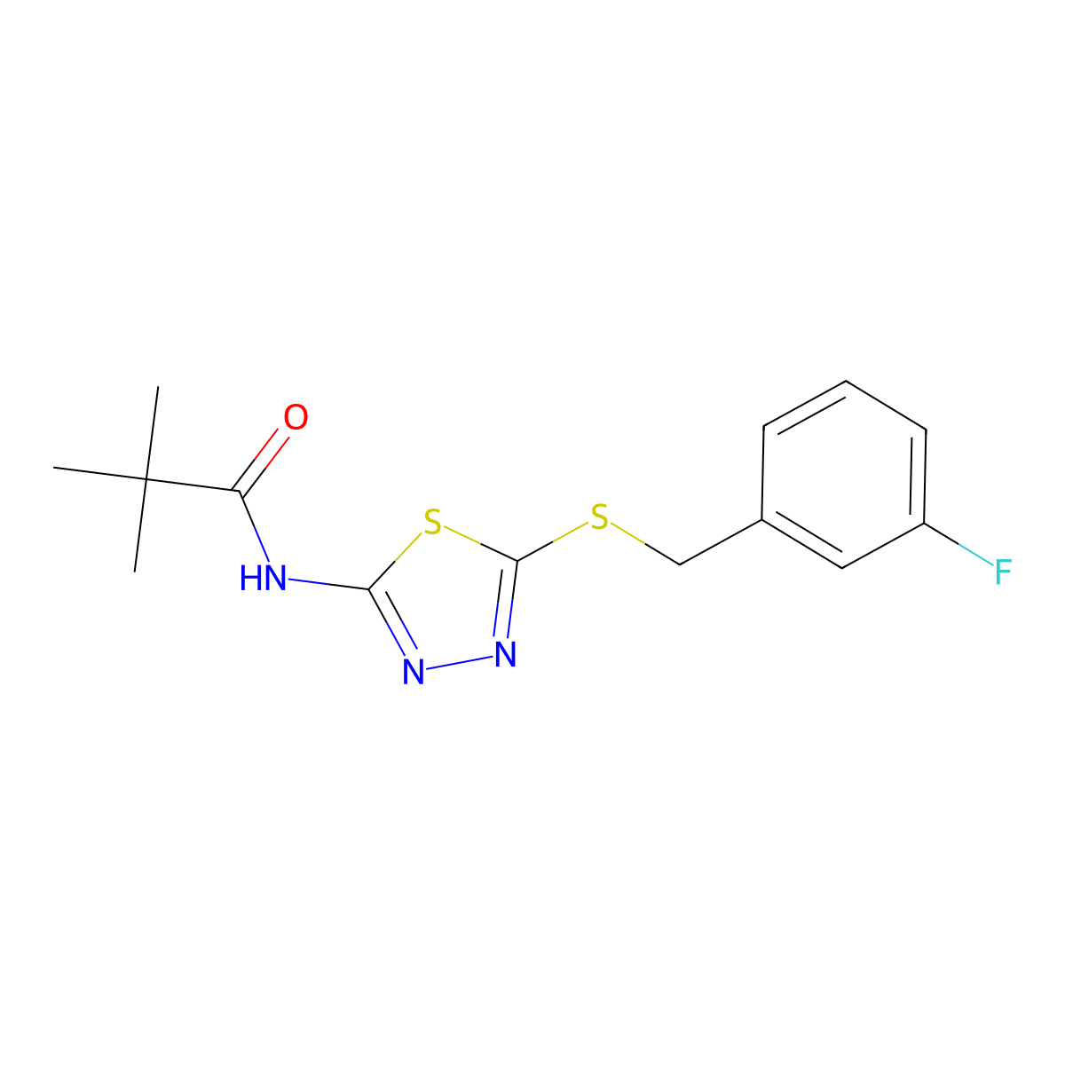 N-(5-((3-fluorobenzyl)thio)-1,3,4-thiadiazol-2-yl)pivalamide molecular structure, CAS 392303-18-3