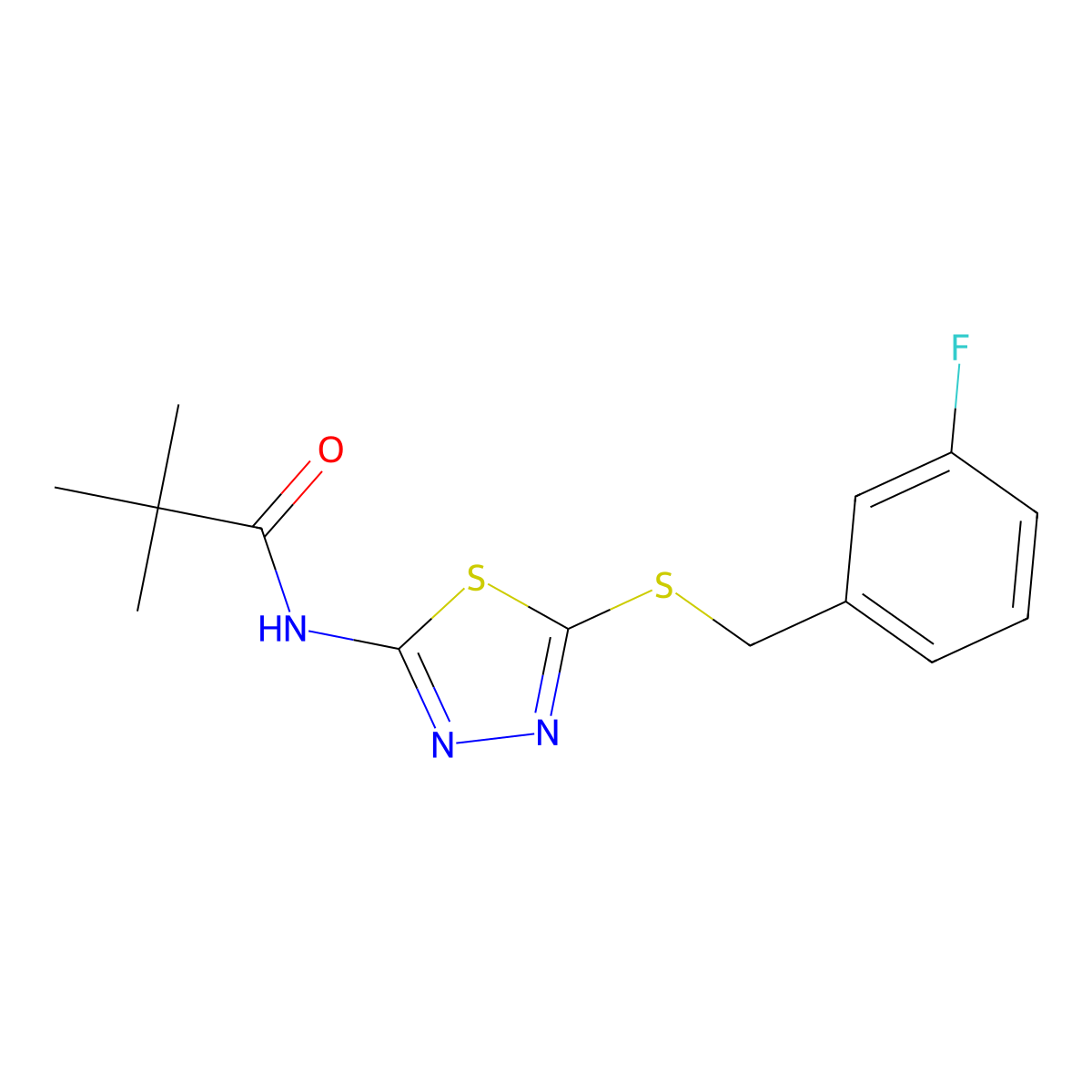 N-(5-((3-fluorobenzyl)thio)-1,3,4-thiadiazol-2-yl)pivalamide molecular structure, CAS 392303-18-3