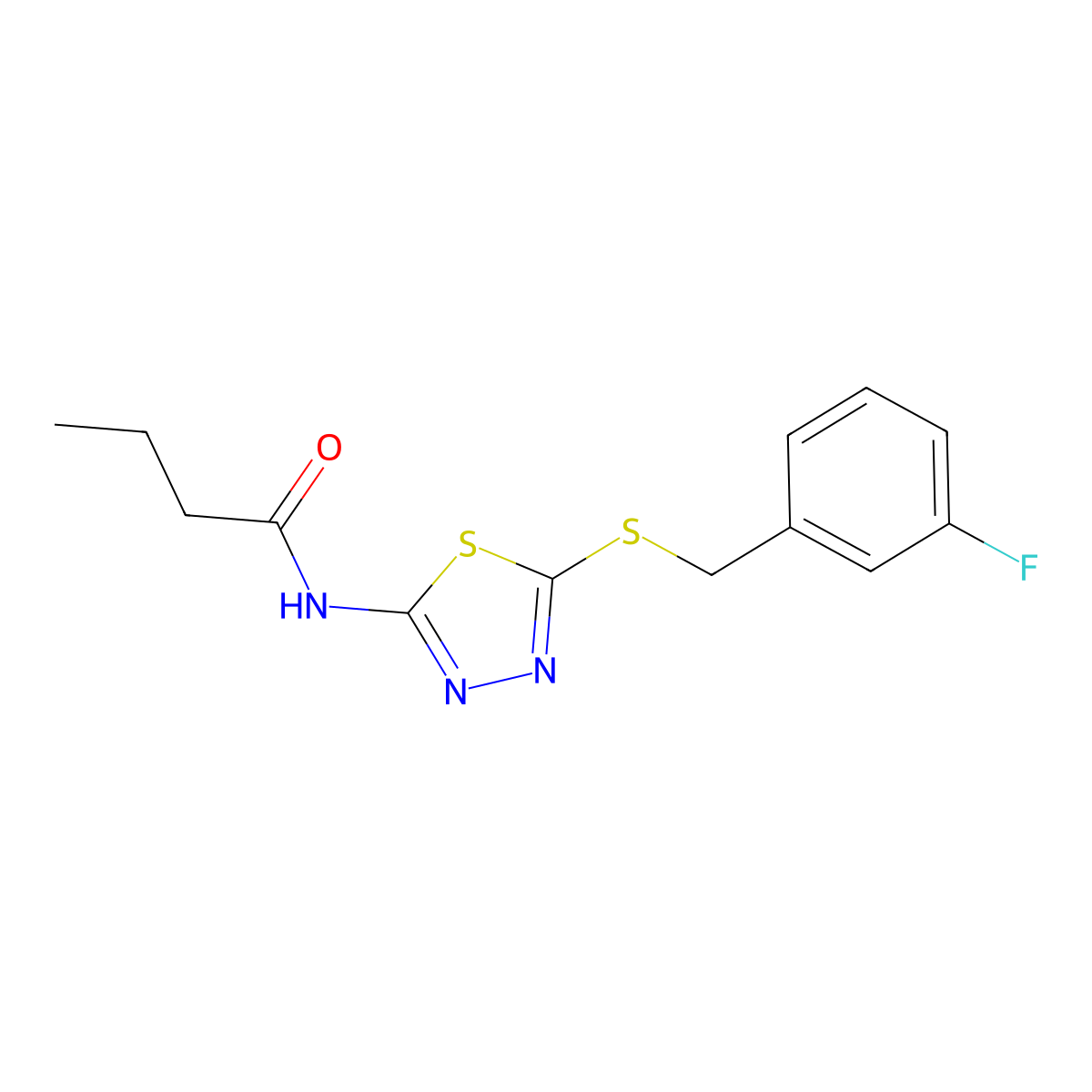 N-[5-[(3-fluorophenyl)methylsulfanyl]-1,3,4-thiadiazol-2-yl]butanamide molecular structure, CAS 392303-20-7