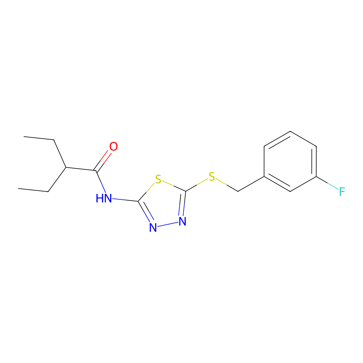 2-ethyl-N-(5-((3-fluorobenzyl)thio)-1,3,4-thiadiazol-2-yl)butanamide molecular structure, CAS 392303-21-8