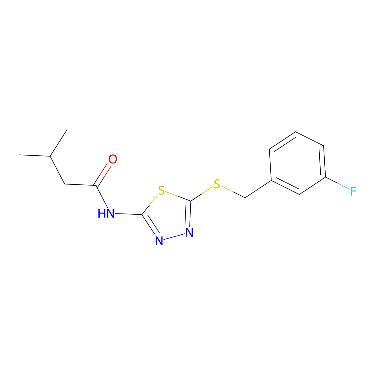 N-(5-((3-fluorobenzyl)thio)-1,3,4-thiadiazol-2-yl)-3-methylbutanamide molecular structure, CAS 392303-23-0