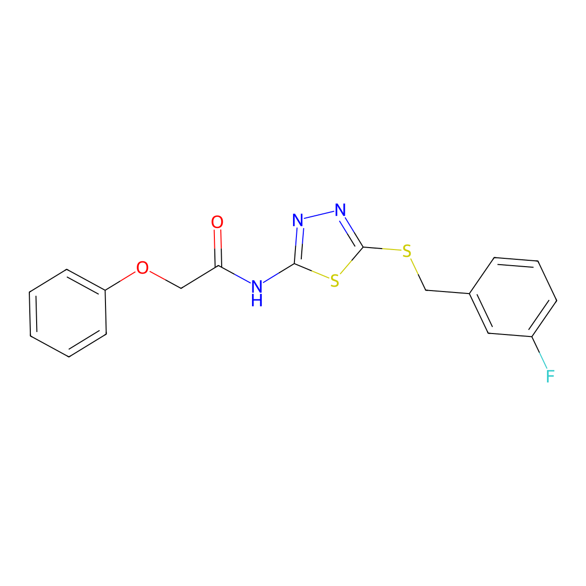 N-(5-((3-fluorobenzyl)thio)-1,3,4-thiadiazol-2-yl)-2-phenoxyacetamide molecular structure, CAS 392303-24-1