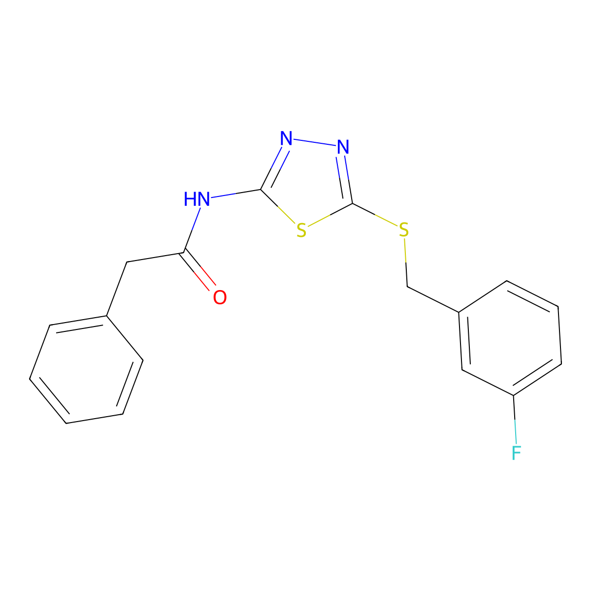 N-(5-((3-fluorobenzyl)thio)-1,3,4-thiadiazol-2-yl)-2-phenylacetamide molecular structure, CAS 392303-27-4