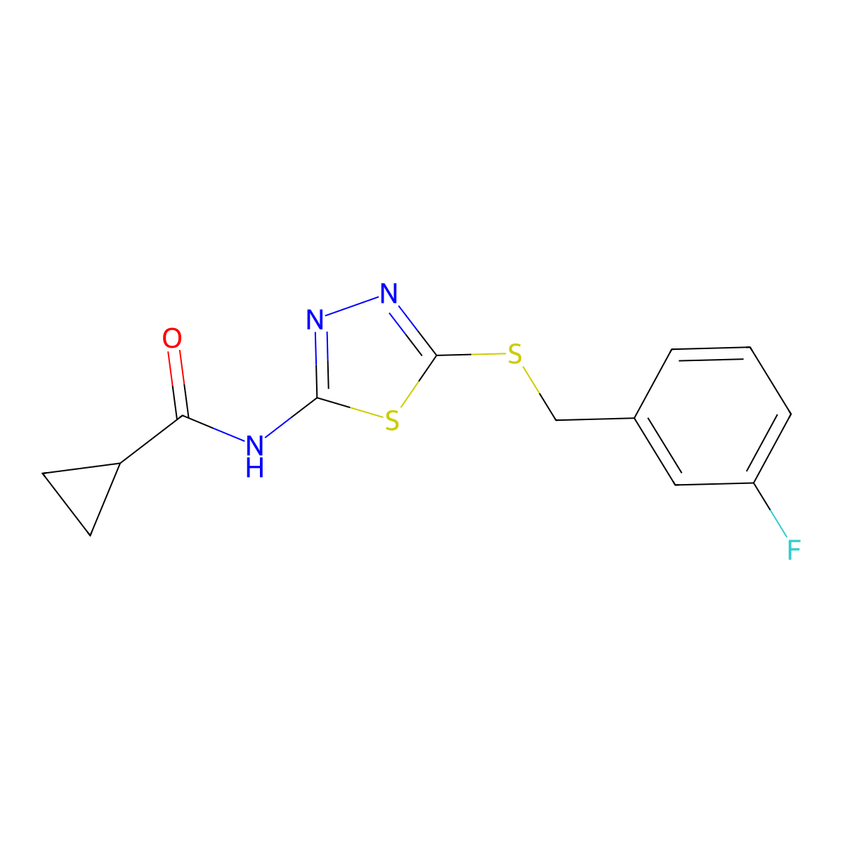 N-(5-((3-fluorobenzyl)thio)-1,3,4-thiadiazol-2-yl)cyclopropanecarboxamide molecular structure, CAS 392303-29-6
