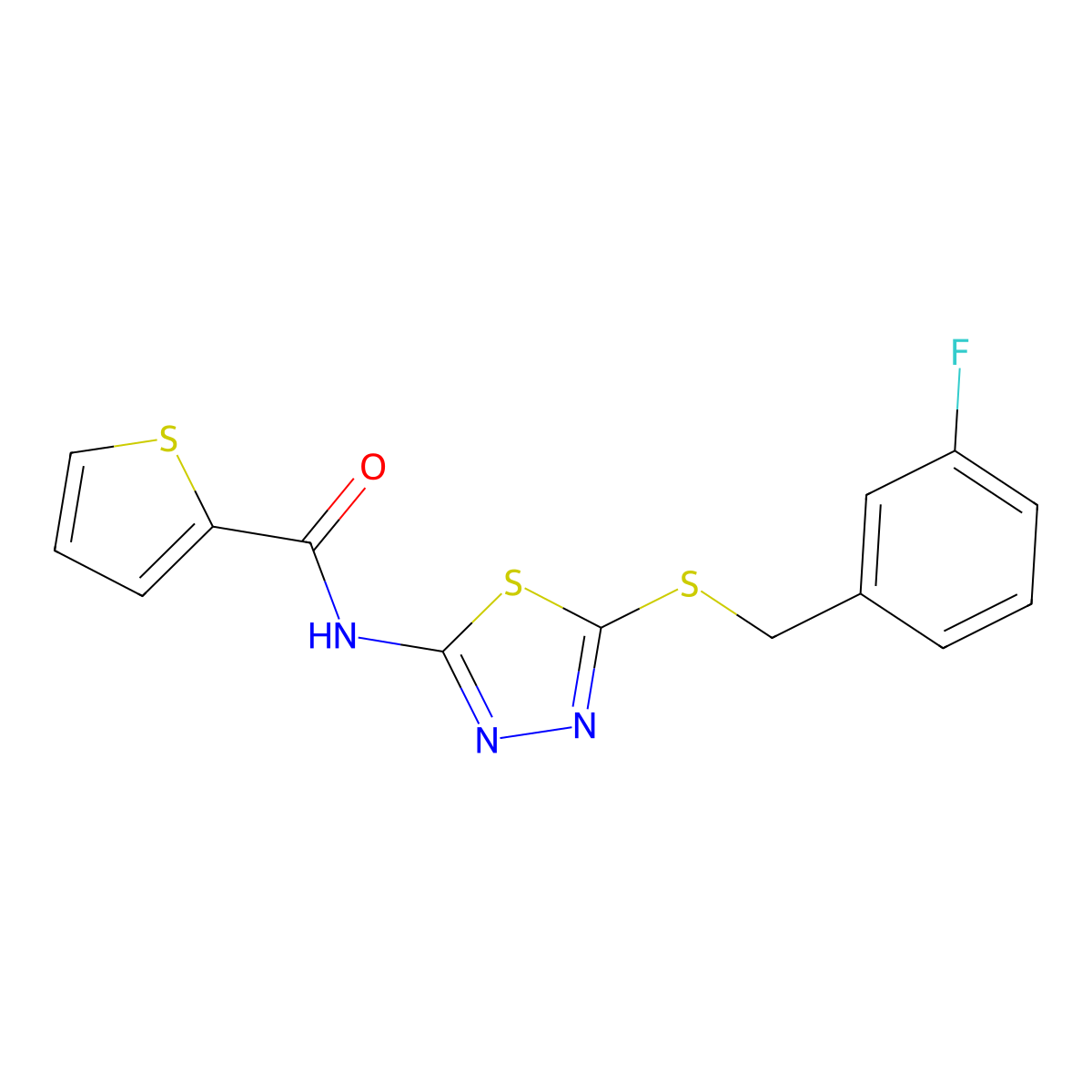 N-(5-((3-fluorobenzyl)thio)-1,3,4-thiadiazol-2-yl)thiophene-2-carboxamide molecular structure, CAS 392303-32-1
