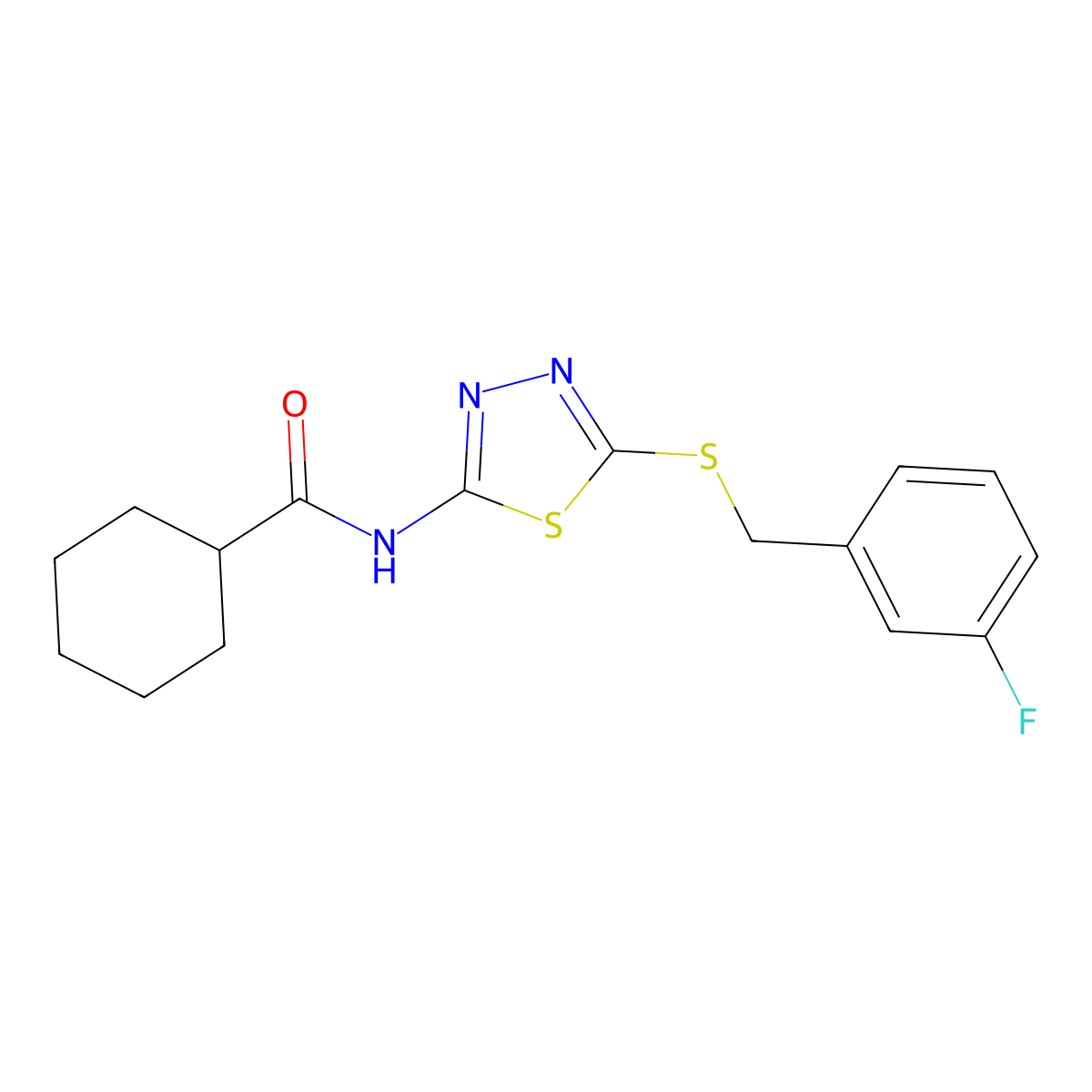 N-(5-((3-fluorobenzyl)thio)-1,3,4-thiadiazol-2-yl)cyclohexanecarboxamide molecular structure, CAS 392303-33-2