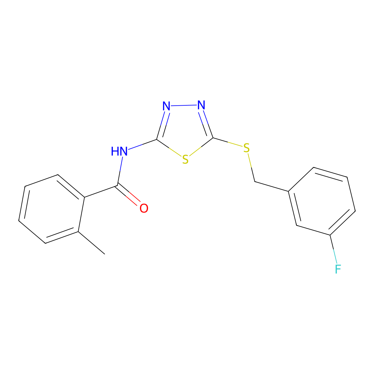 N-(5-((3-fluorobenzyl)thio)-1,3,4-thiadiazol-2-yl)-2-methylbenzamide molecular structure, CAS 392303-35-4