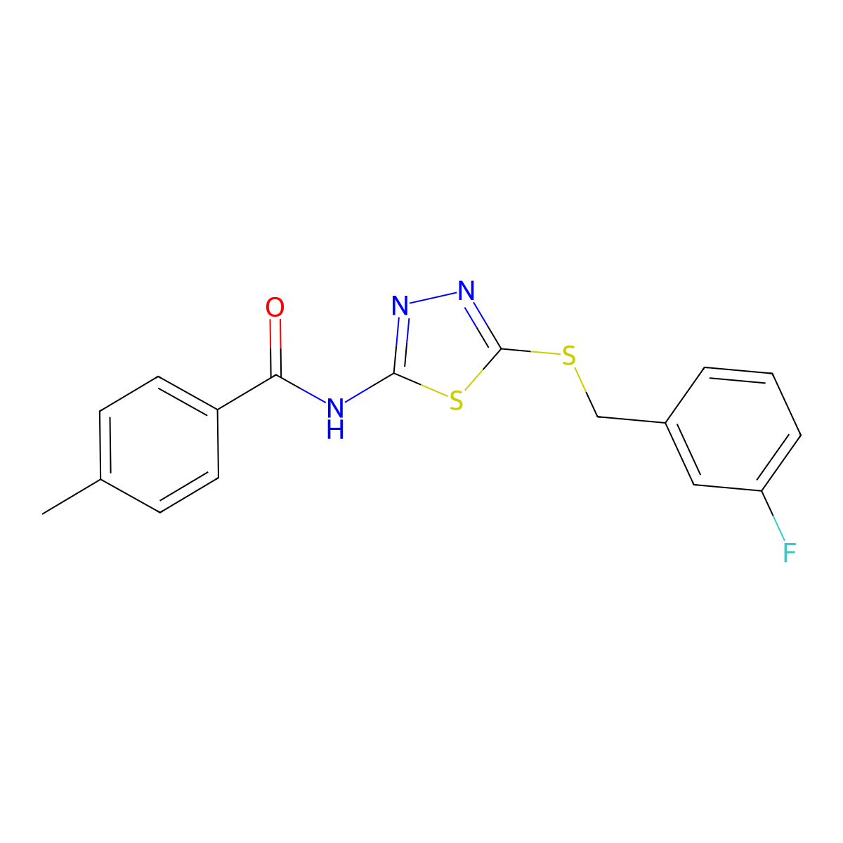 N-(5-((3-fluorobenzyl)thio)-1,3,4-thiadiazol-2-yl)-4-methylbenzamide molecular structure, CAS 392303-37-6