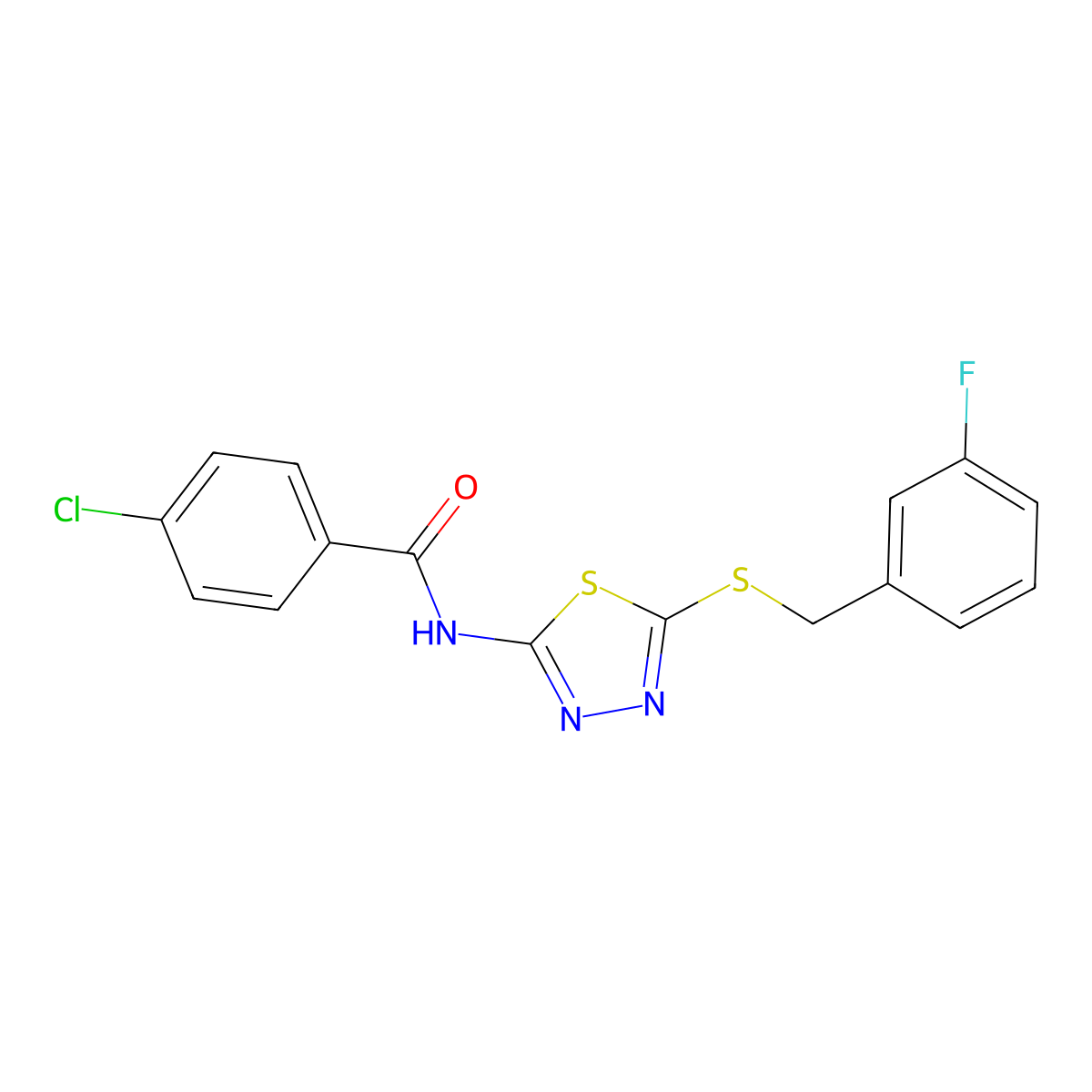 N-(5-(3-fluorobenzylthio)-1,3,4-thiadiazol-2-yl)-4-chlorobenzamide molecular structure, CAS 392303-38-7