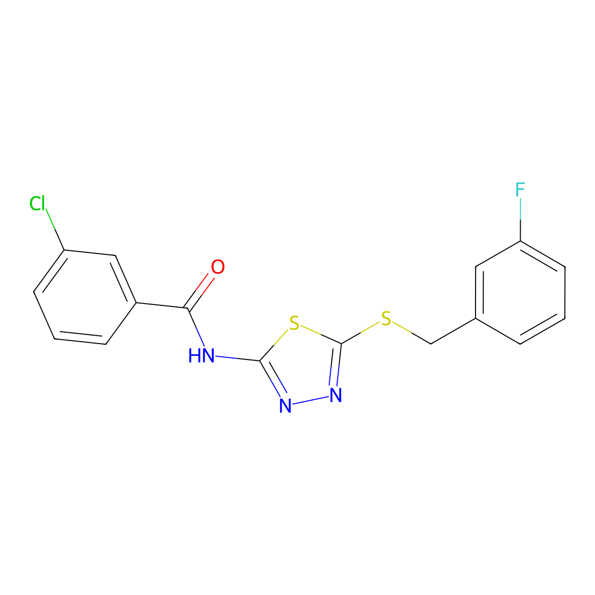 3-chloro-N-[5-[(3-fluorophenyl)methylsulfanyl]-1,3,4-thiadiazol-2-yl]benzamide molecular structure, CAS 392303-39-8