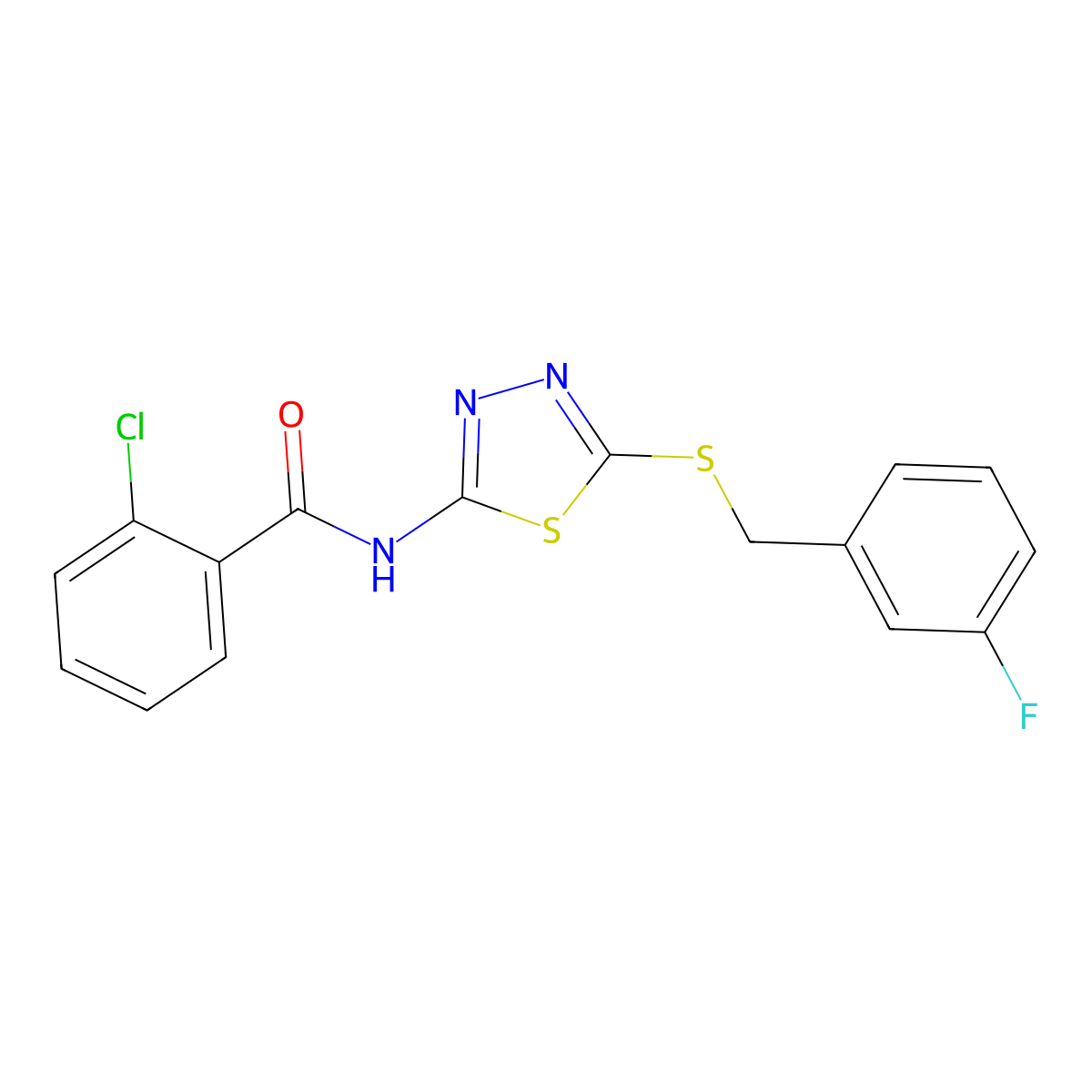 2-chloro-N-(5-((3-fluorobenzyl)thio)-1,3,4-thiadiazol-2-yl)benzamide molecular structure, CAS 392303-40-1