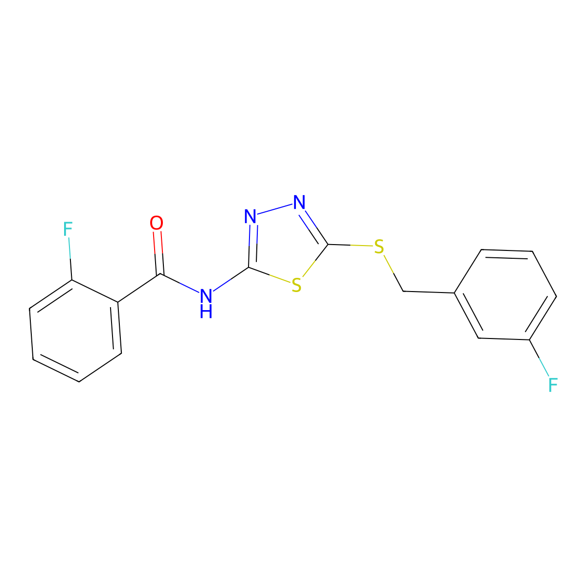 2-fluoro-N-[5-[(3-fluorophenyl)methylsulfanyl]-1,3,4-thiadiazol-2-yl]benzamide molecular structure, CAS 392303-47-8