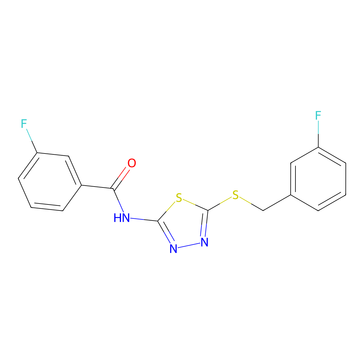 3-fluoro-N-(5-((3-fluorobenzyl)thio)-1,3,4-thiadiazol-2-yl)benzamide molecular structure, CAS 392303-48-9